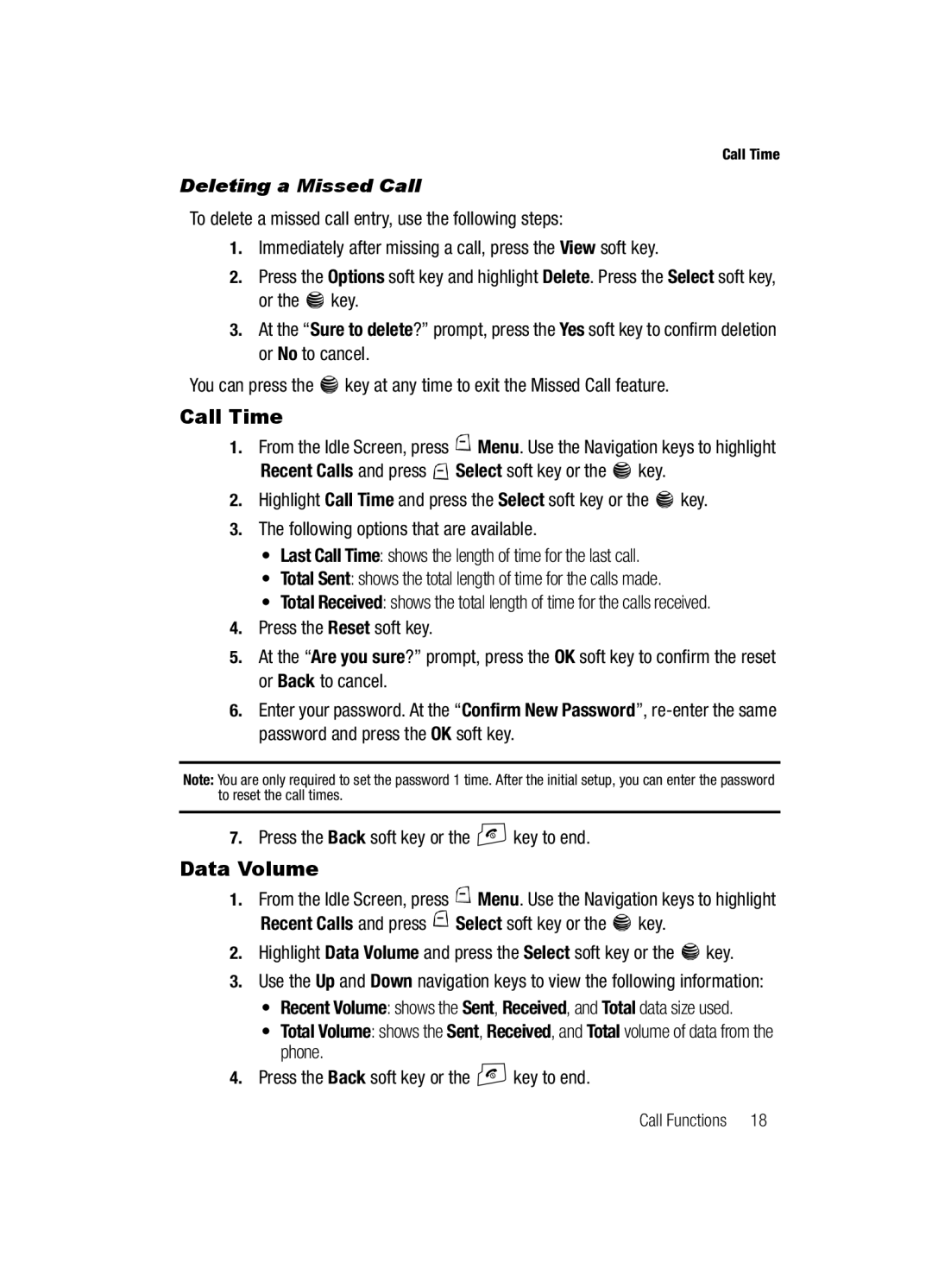 Samsung SGH-a117 Series manual Call Time, Data Volume, Deleting a Missed Call 