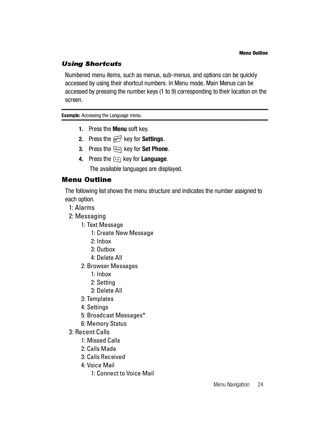 Samsung SGH-a117 Series manual Menu Outline, Using Shortcuts 