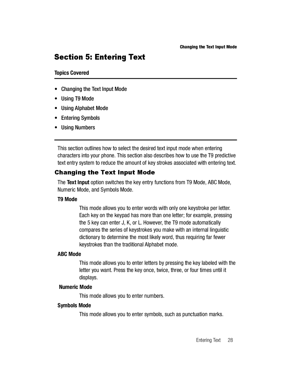 Samsung SGH-a117 Series manual Entering Text, Changing the Text Input Mode 