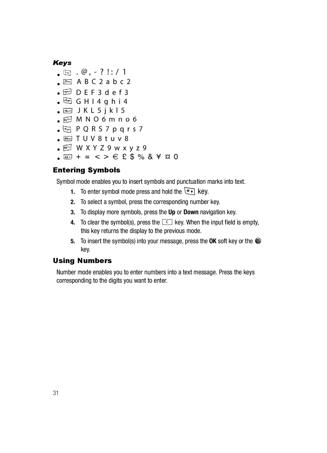 Samsung SGH-a117 Series manual Entering Symbols, Using Numbers 