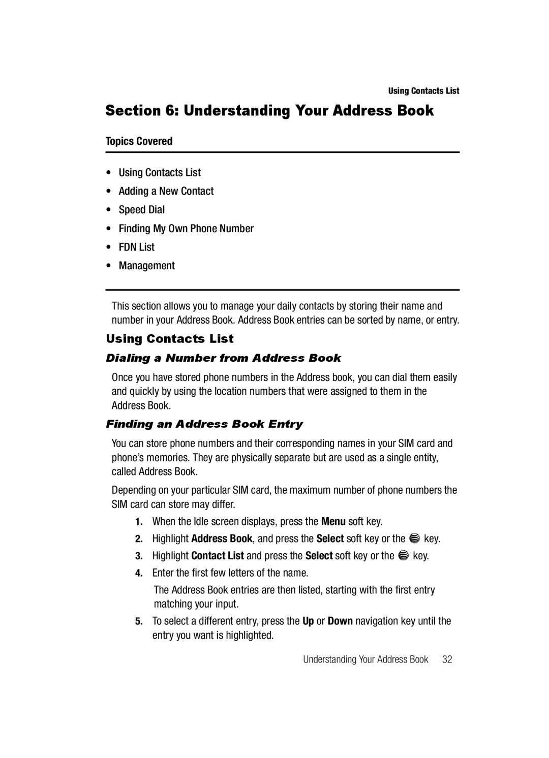 Samsung SGH-a117 Series manual Understanding Your Address Book, Using Contacts List, Dialing a Number from Address Book 