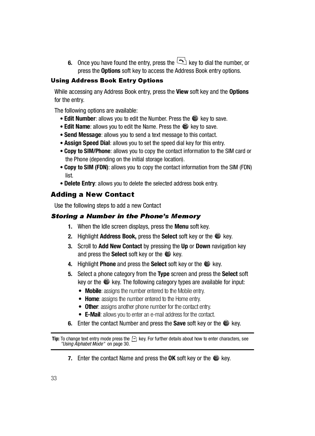 Samsung SGH-a117 Series manual Adding a New Contact, Storing a Number in the Phone’s Memory 