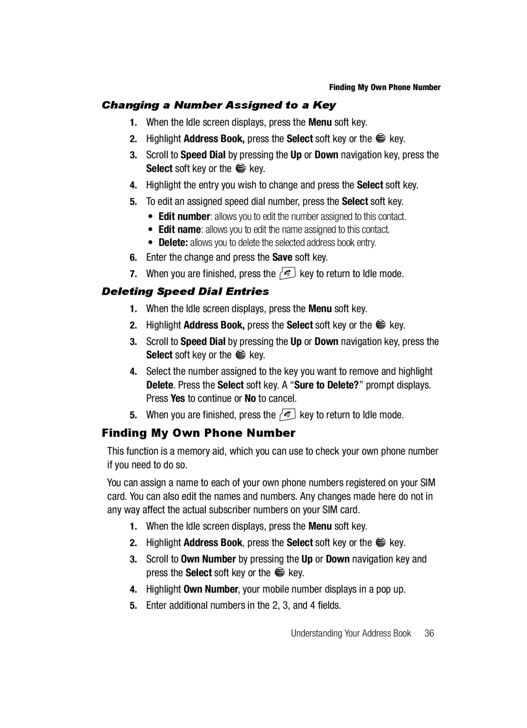 Samsung SGH-a117 Series Finding My Own Phone Number, Changing a Number Assigned to a Key, Deleting Speed Dial Entries 