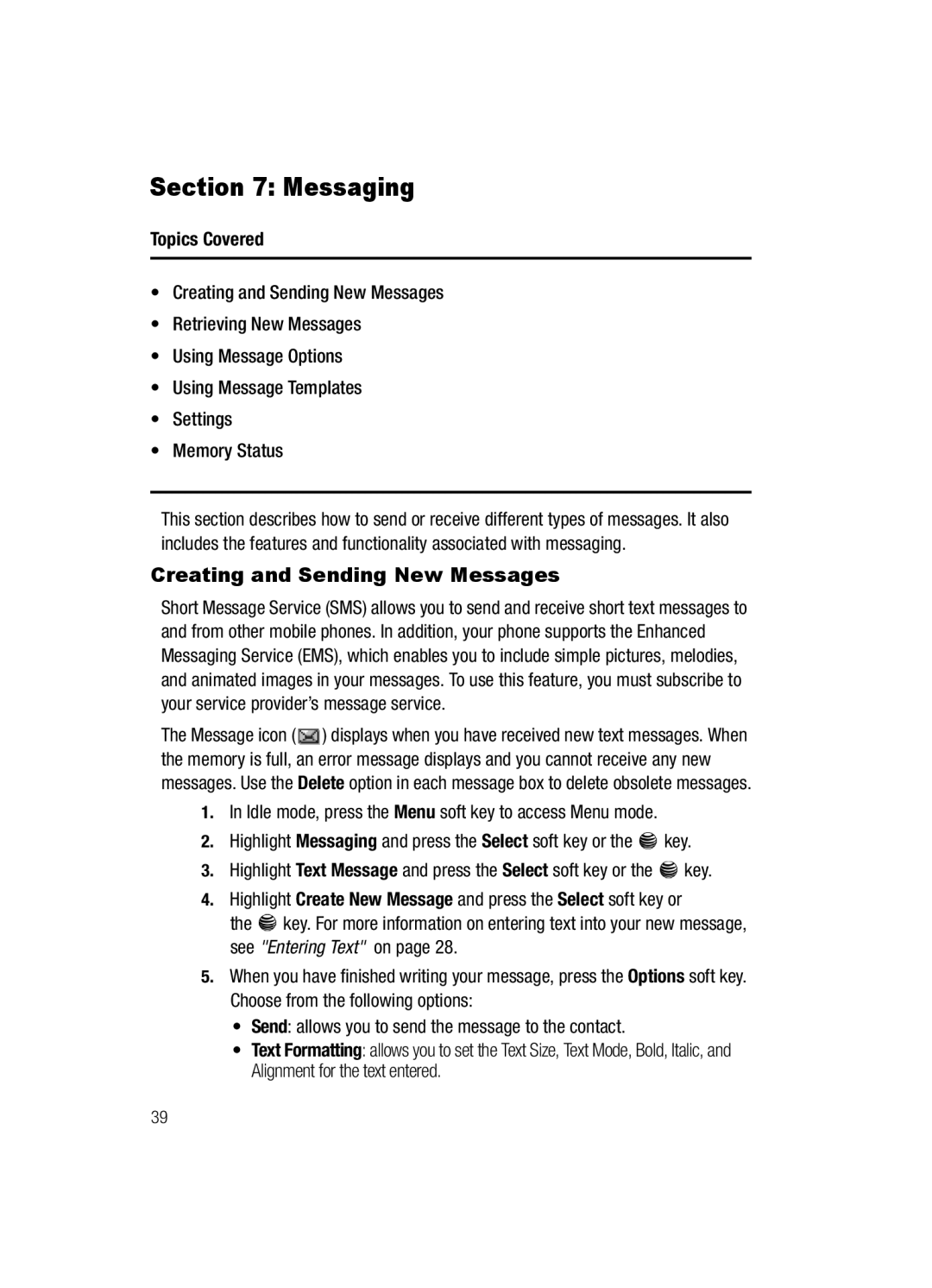 Samsung SGH-a117 Series manual Messaging, Creating and Sending New Messages 