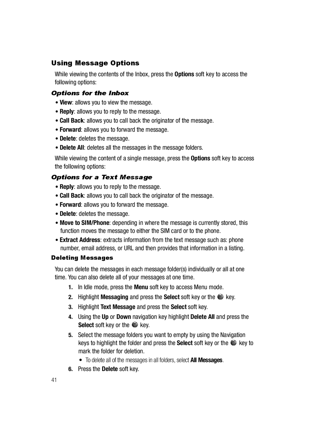 Samsung SGH-a117 Series manual Using Message Options, Options for the Inbox, Options for a Text Message 