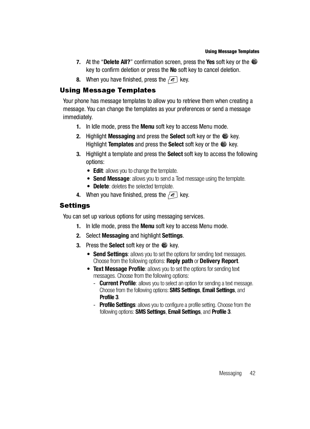 Samsung SGH-a117 Series manual Using Message Templates, Settings 