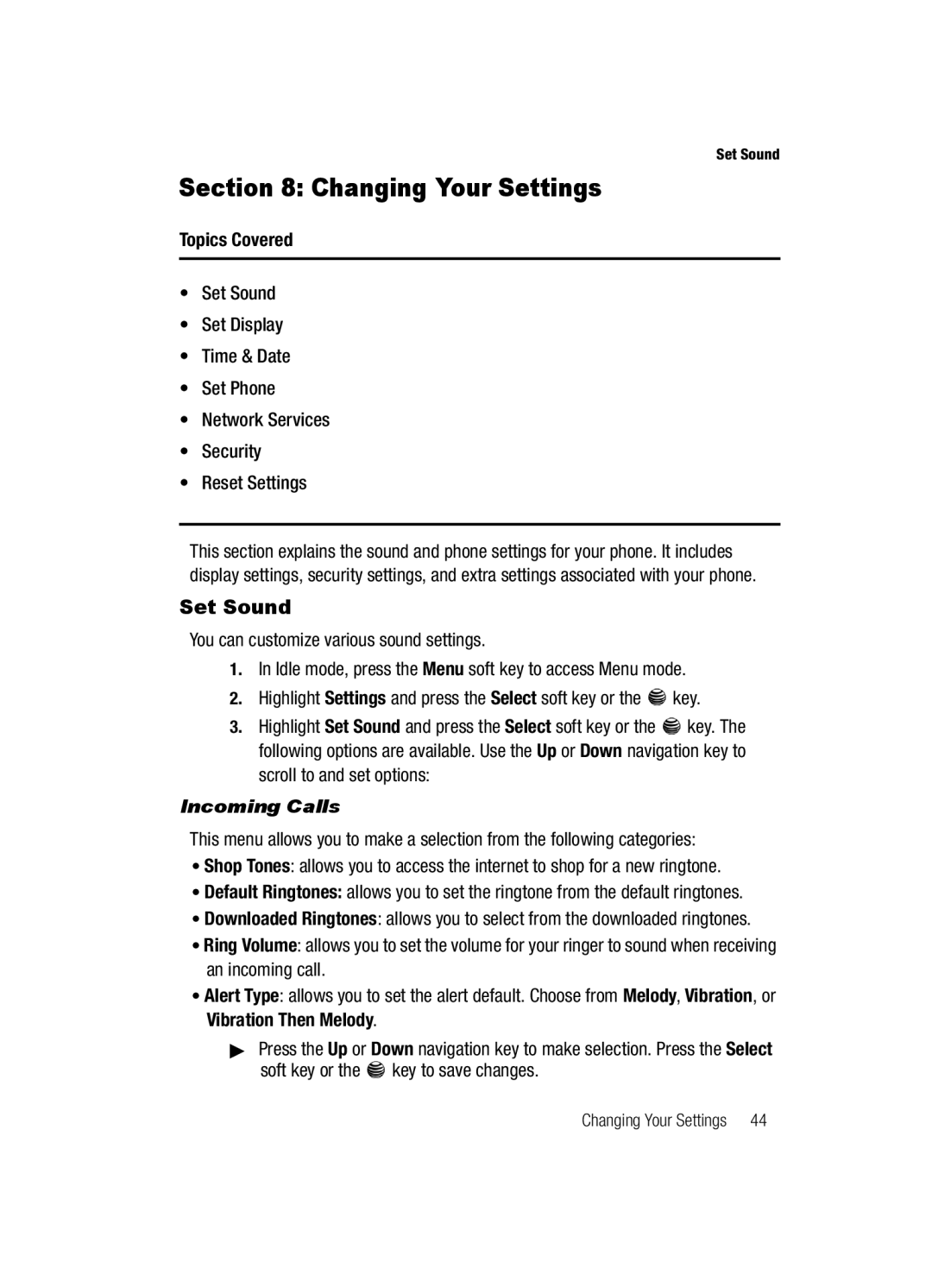 Samsung SGH-a117 Series manual Changing Your Settings, Set Sound, Incoming Calls 