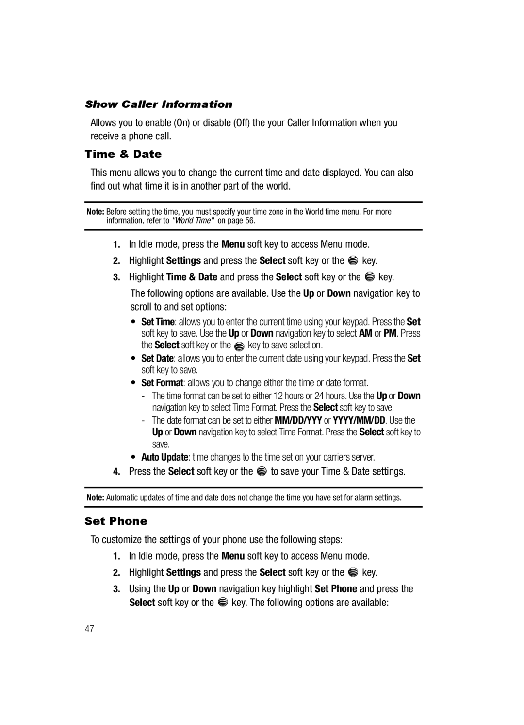 Samsung SGH-a117 Series manual Time & Date, Set Phone, Show Caller Information 