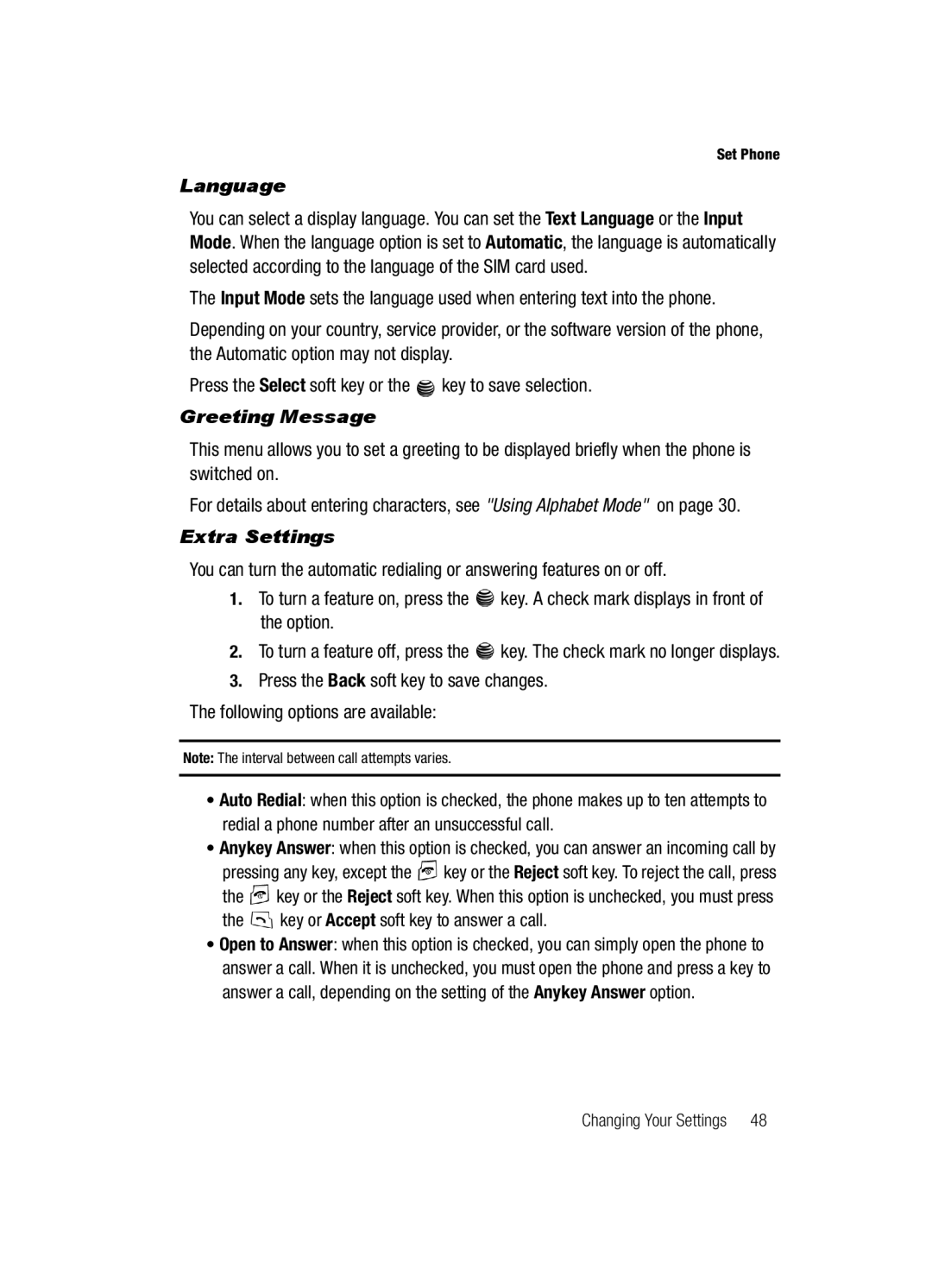 Samsung SGH-a117 Series manual Language, Greeting Message, Extra Settings 