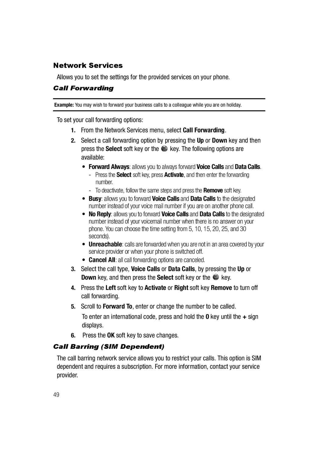 Samsung SGH-a117 Series manual Network Services, Call Forwarding, Call Barring SIM Dependent 