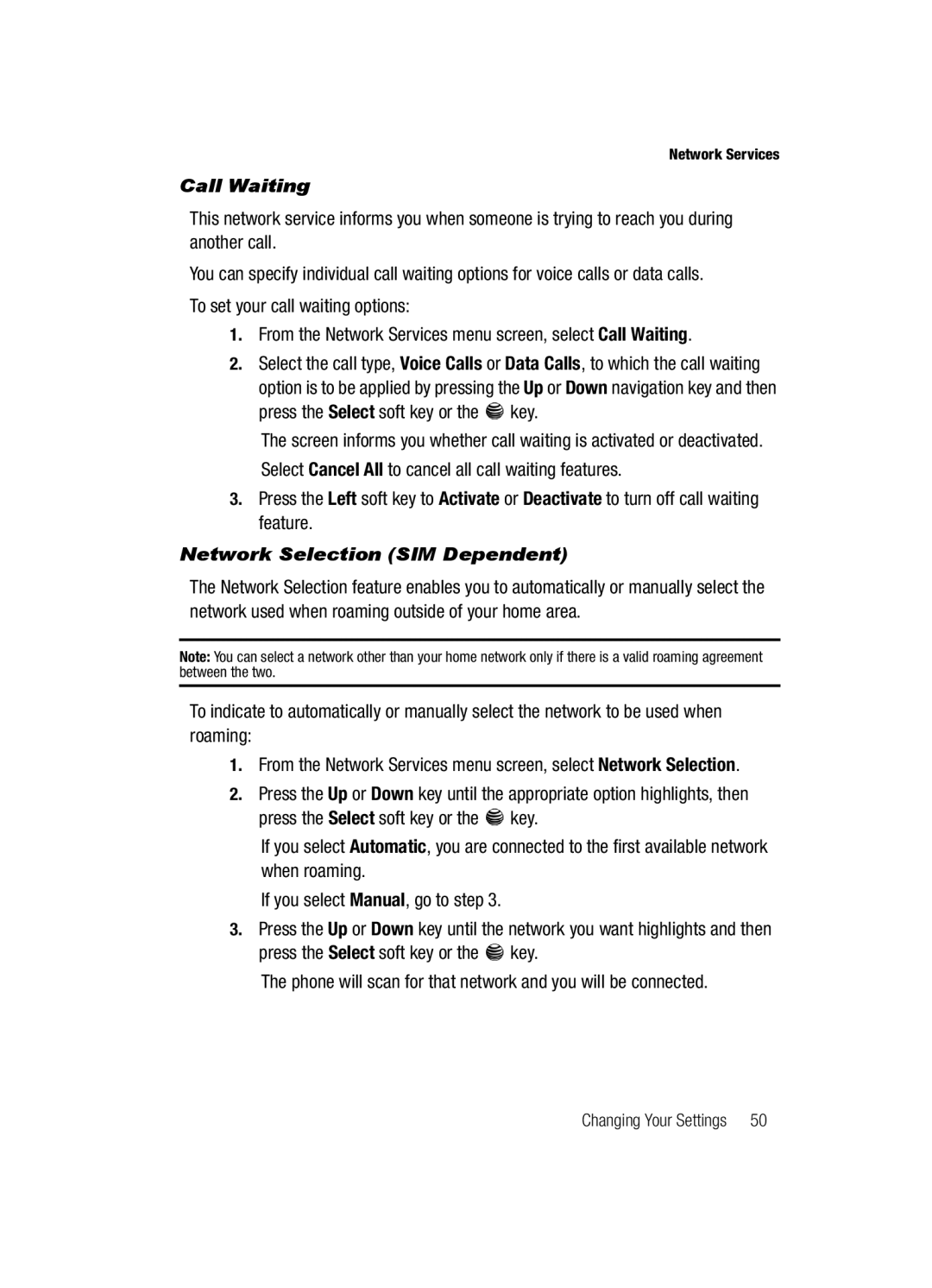 Samsung SGH-a117 Series manual Call Waiting, Network Selection SIM Dependent 