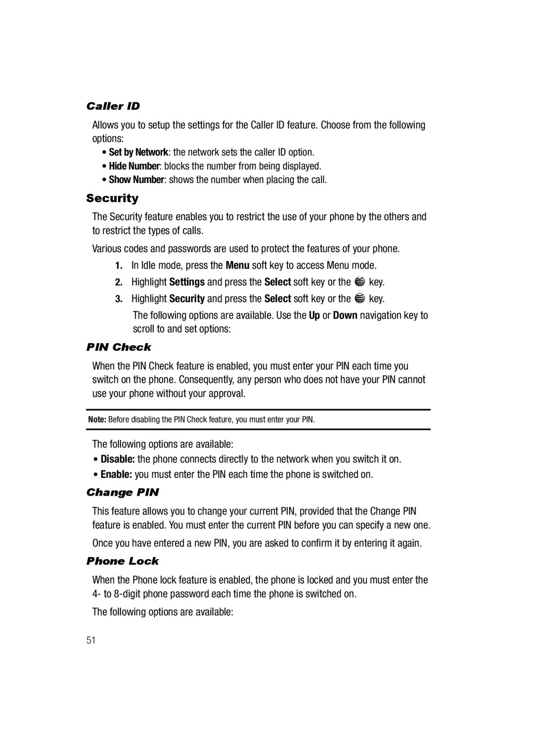 Samsung SGH-a117 Series manual Security, Caller ID, PIN Check, Change PIN, Phone Lock 