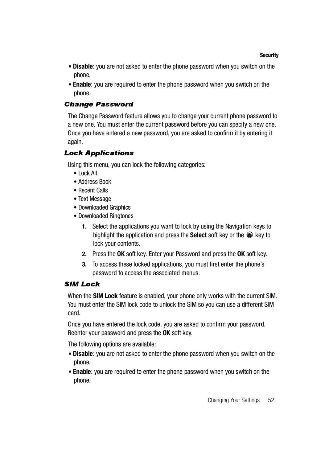 Samsung SGH-a117 Series manual Change Password, Lock Applications, SIM Lock 