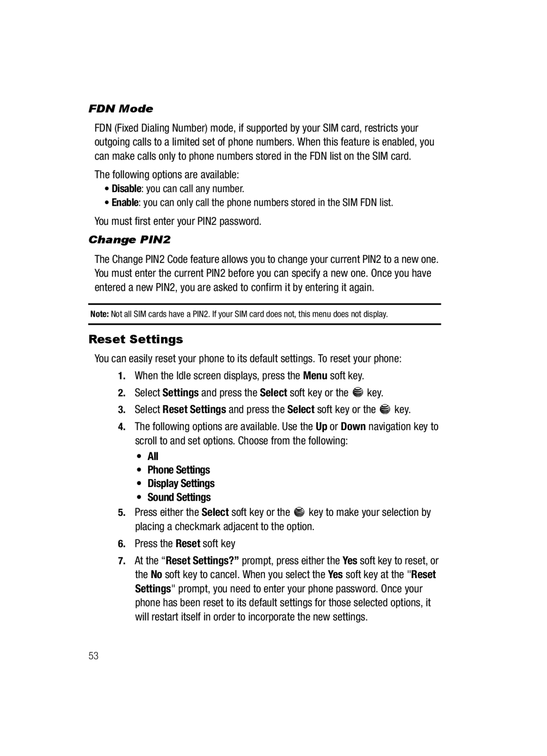 Samsung SGH-a117 Series manual Reset Settings, FDN Mode, Change PIN2 