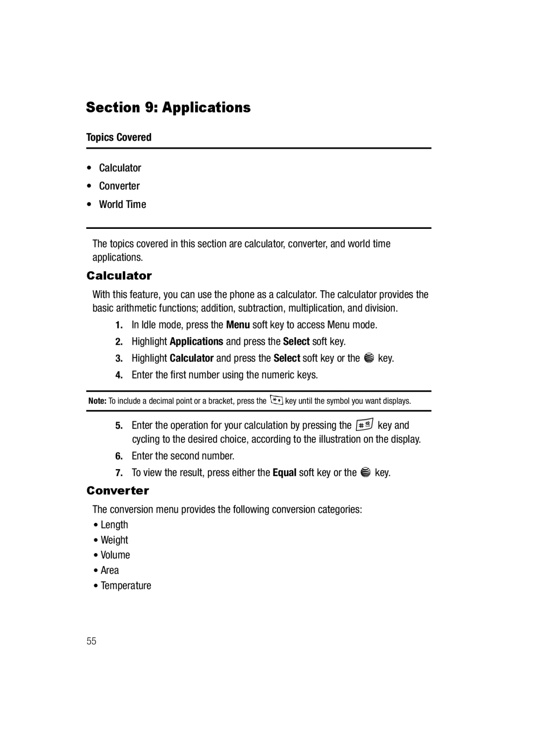 Samsung SGH-a117 Series manual Applications, Calculator, Converter 