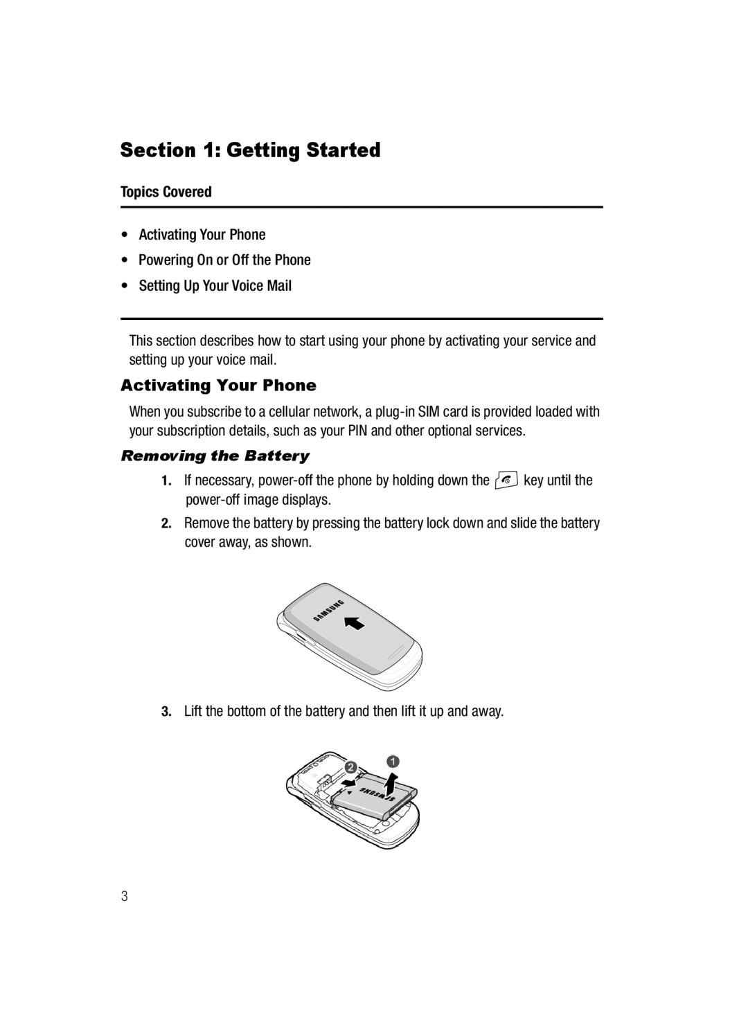 Samsung SGH-a117 Series manual Getting Started, Activating Your Phone, Removing the Battery 