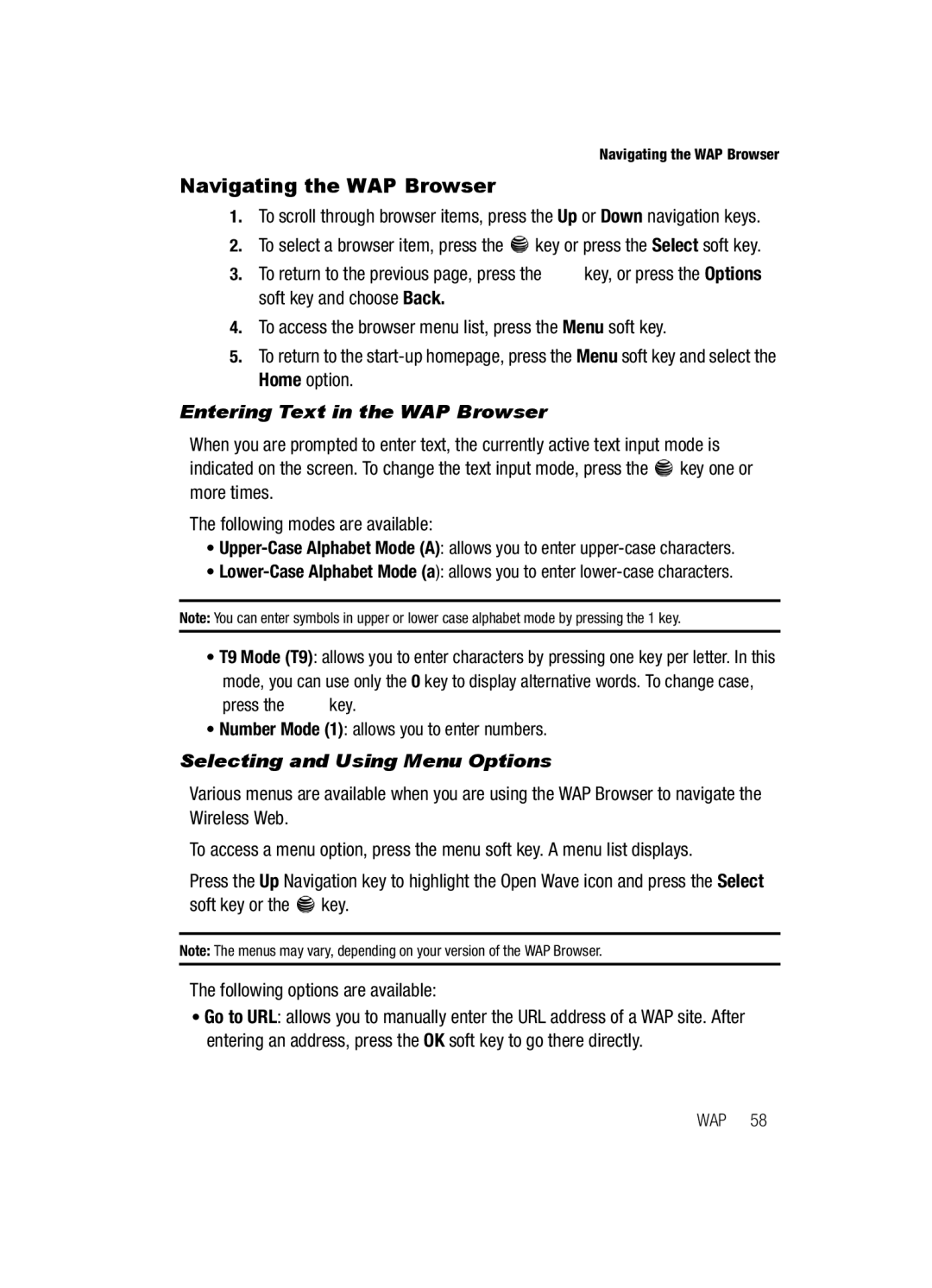 Samsung SGH-a117 Series Navigating the WAP Browser, Entering Text in the WAP Browser, Selecting and Using Menu Options 