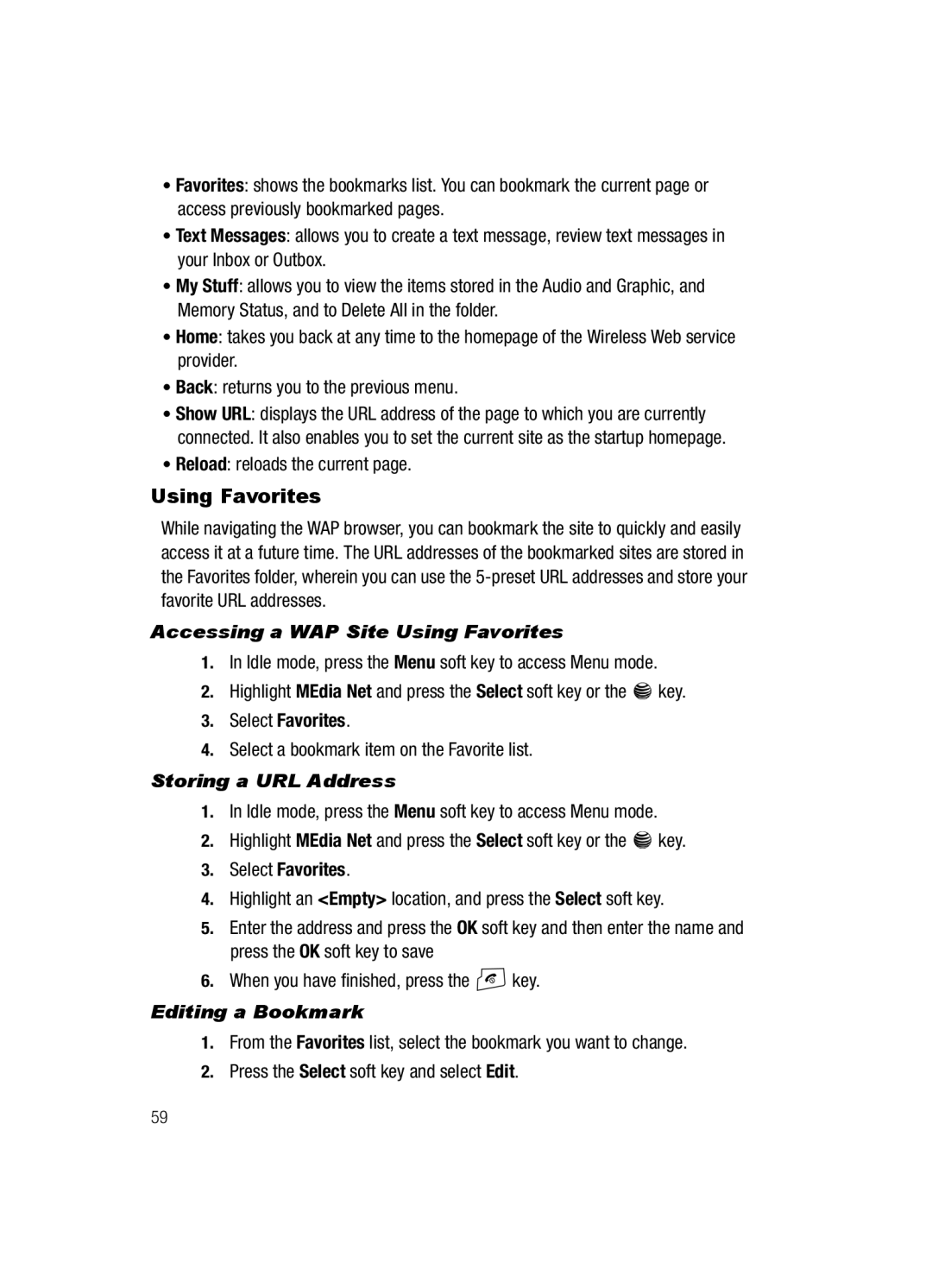 Samsung SGH-a117 Series manual Accessing a WAP Site Using Favorites, Storing a URL Address, Editing a Bookmark 