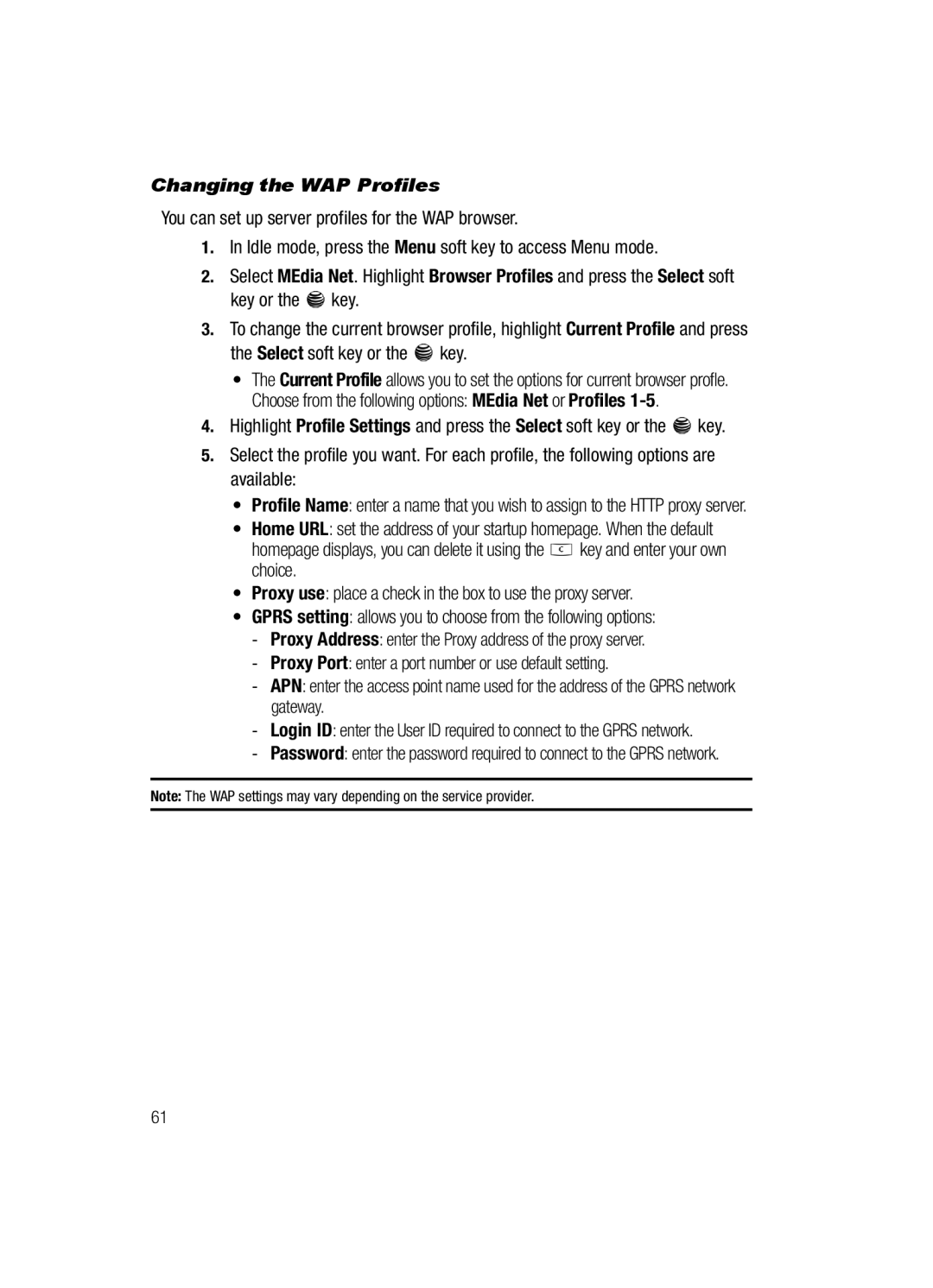 Samsung SGH-a117 Series manual Changing the WAP Profiles 