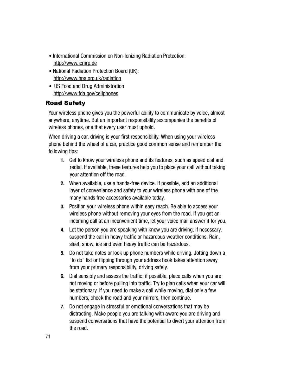 Samsung SGH-a117 Series manual Road Safety 