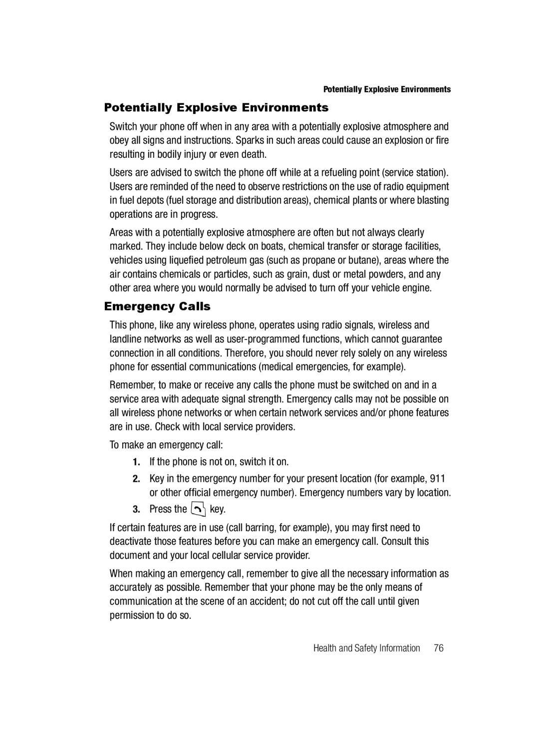 Samsung SGH-a117 Series manual Potentially Explosive Environments, Emergency Calls 