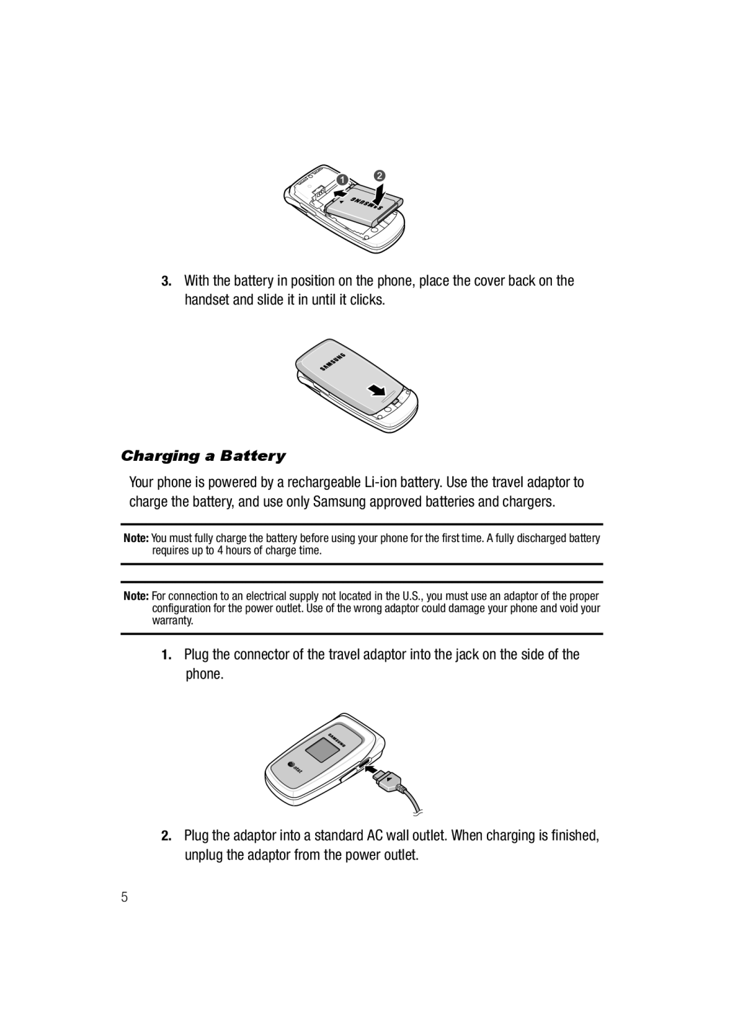 Samsung SGH-a117 Series manual Charging a Battery 