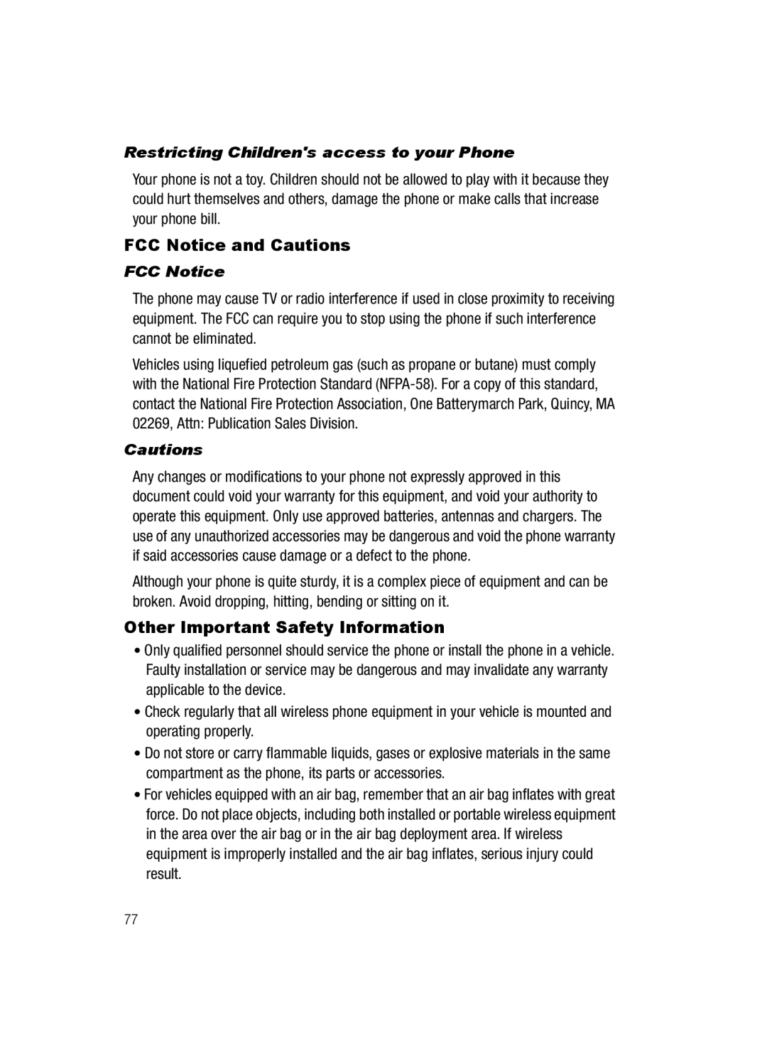 Samsung SGH-a117 Series manual FCC Notice and Cautions, Other Important Safety Information 