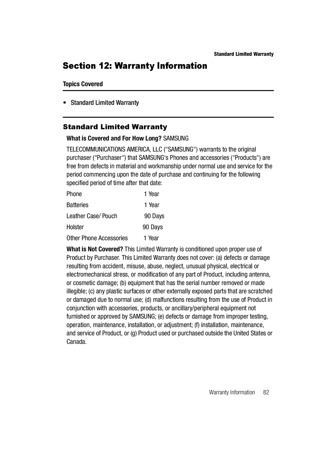 Samsung SGH-a117 Series manual Warranty Information, Standard Limited Warranty 