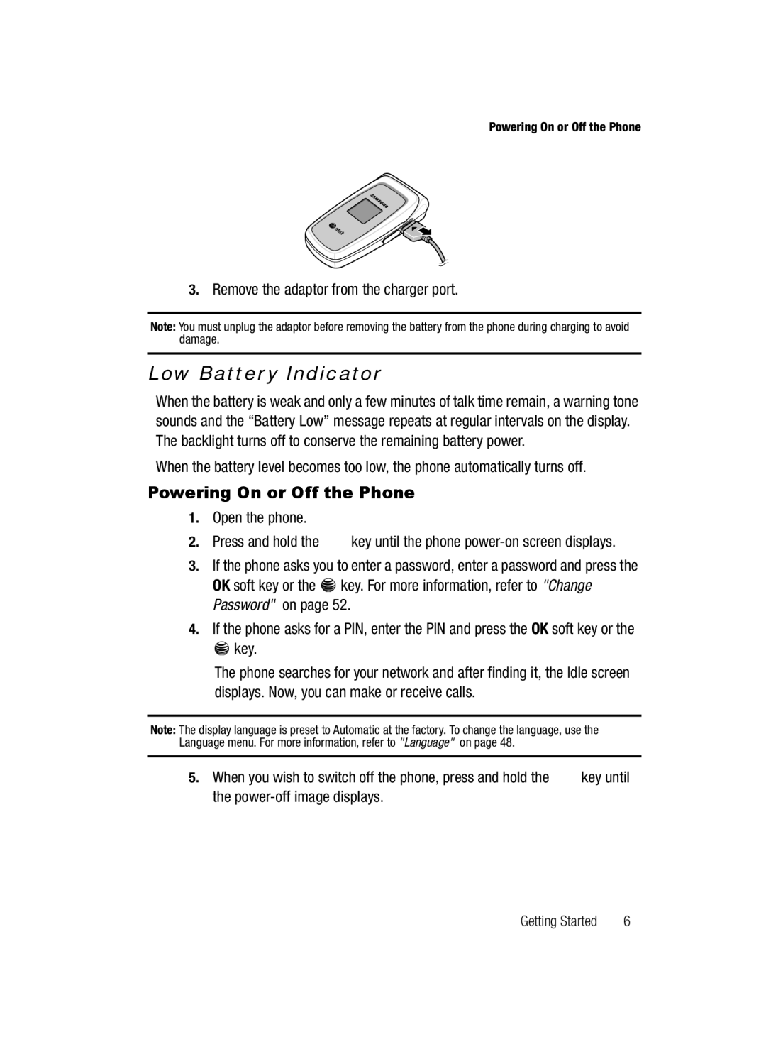 Samsung SGH-a117 Series manual Low Battery Indicator, Powering On or Off the Phone 