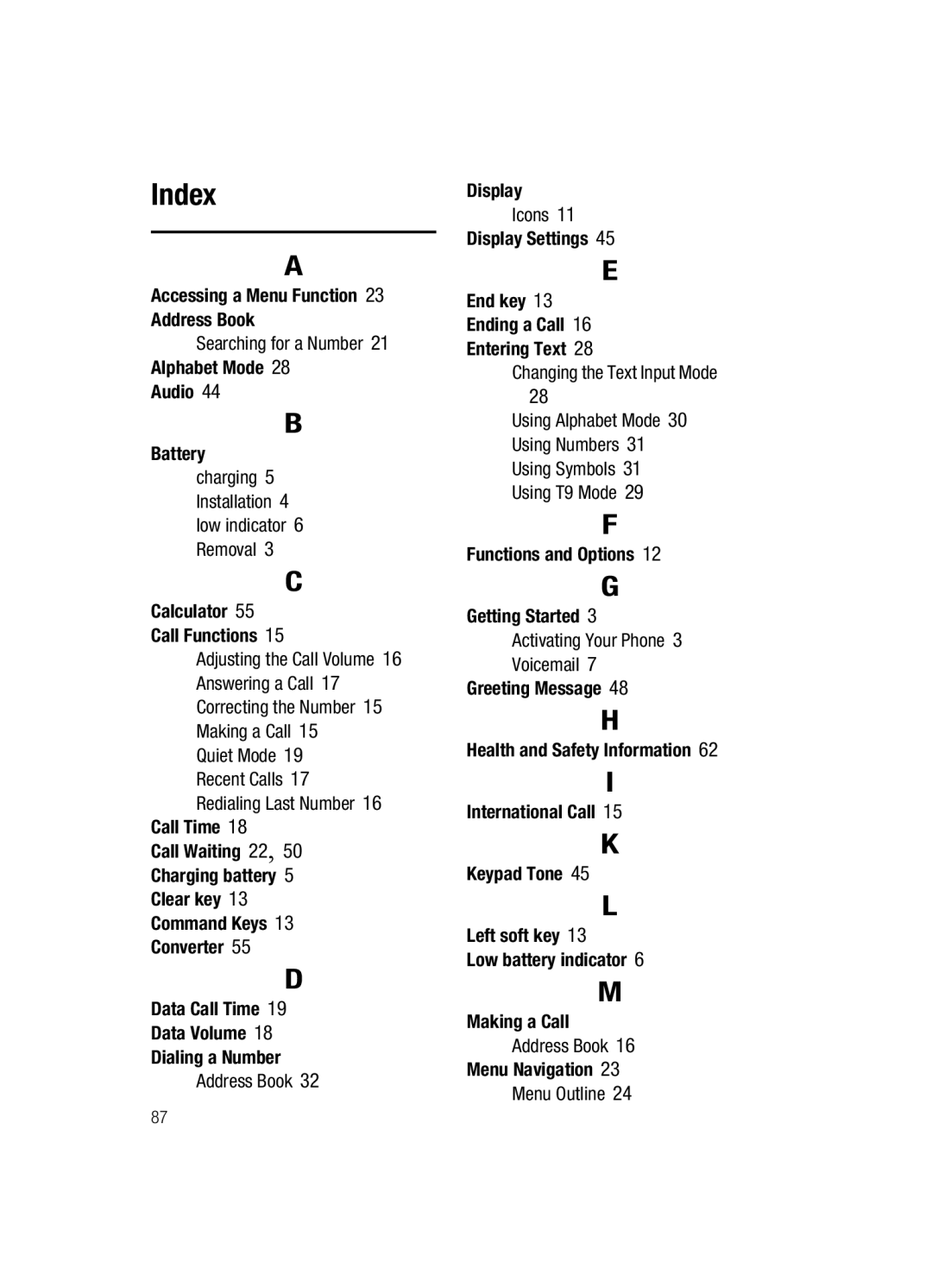 Samsung SGH-a117 Series manual Index 