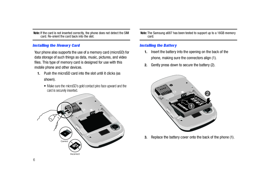 Samsung SGH-A687LBAATT Installing the Memory Card, Installing the Battery, Gently press down to secure the battery 