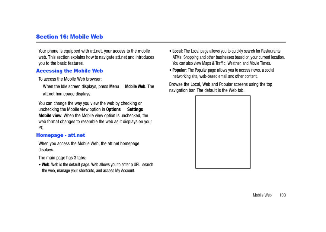 Samsung SGH-A687LBAATT user manual Accessing the Mobile Web, Homepage att.net 