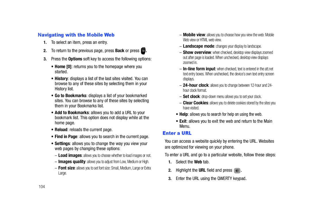 Samsung SGH-A687LBAATT user manual Navigating with the Mobile Web, Enter a URL, To select an item, press an entry 