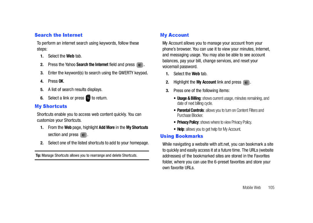 Samsung SGH-A687LBAATT user manual Search the Internet, My Shortcuts, My Account, Using Bookmarks, Section and press 