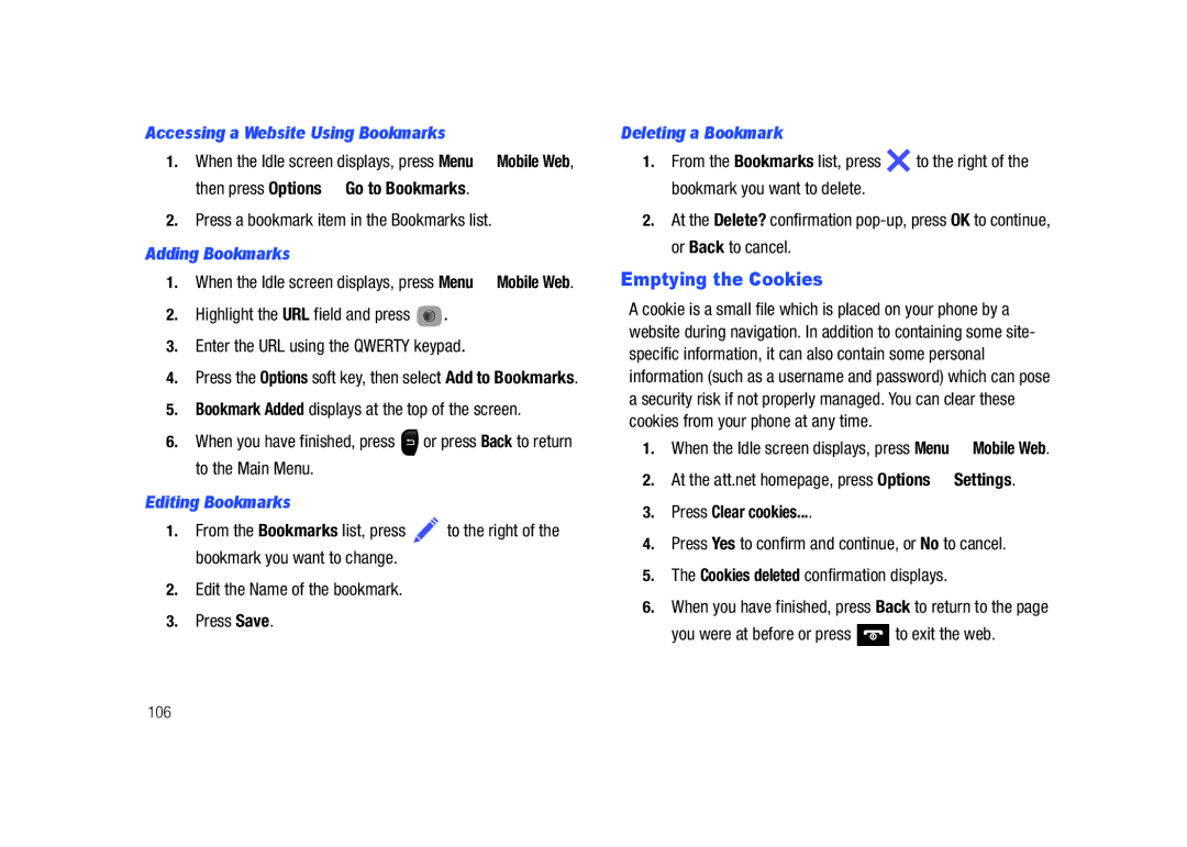 Samsung SGH-A687LBAATT Emptying the Cookies, Accessing a Website Using Bookmarks, Adding Bookmarks, Editing Bookmarks 