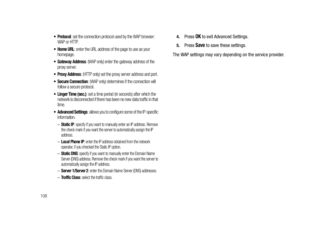 Samsung SGH-A687LBAATT user manual WAP settings may vary depending on the service provider 108 