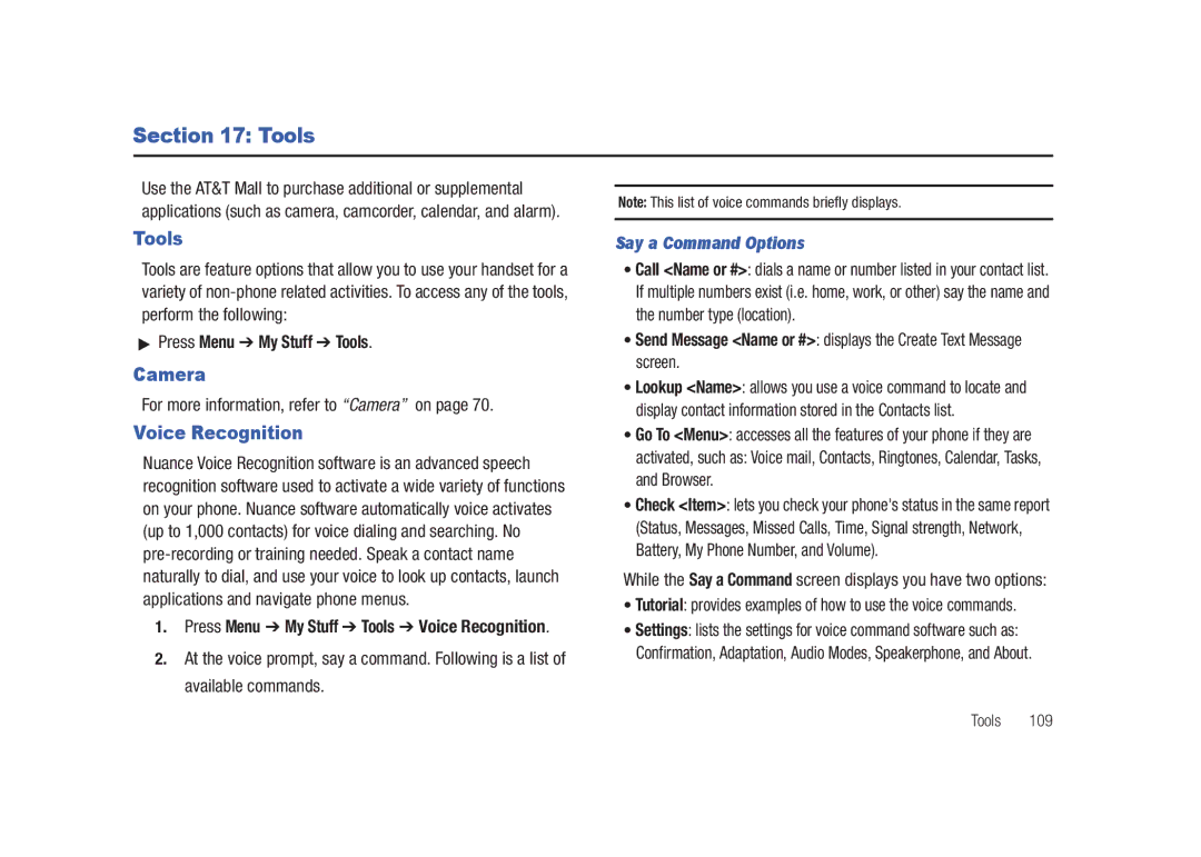 Samsung SGH-A687LBAATT user manual Camera, Voice Recognition, Press Menu My Stuff Tools, Say a Command Options 