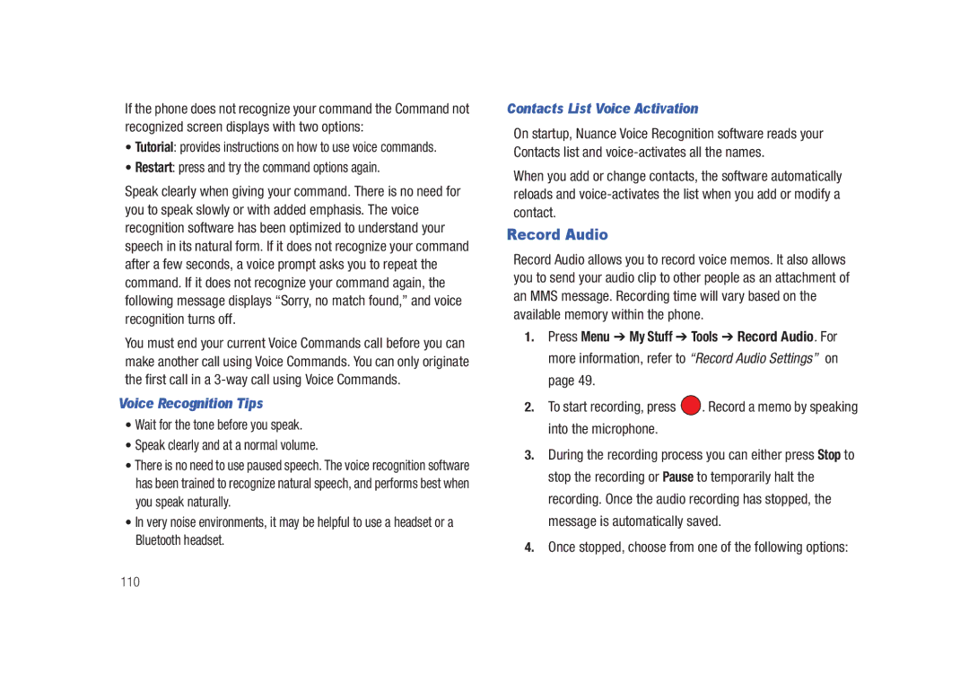 Samsung SGH-A687LBAATT user manual Record Audio, Restart press and try the command options again, Voice Recognition Tips 