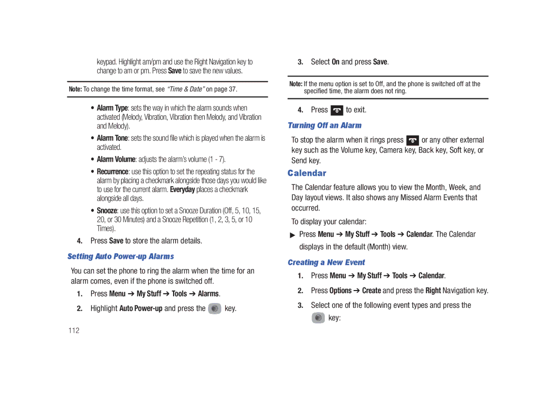 Samsung SGH-A687LBAATT user manual Calendar, Setting Auto Power-up Alarms, Turning Off an Alarm, Creating a New Event 