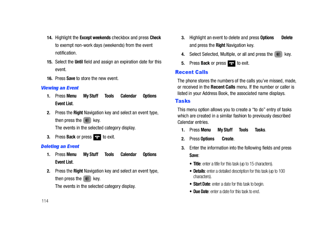 Samsung SGH-A687LBAATT Tasks, Viewing an Event, Press Menu My Stuff Tools Calendar Options Event List, Deleting an Event 