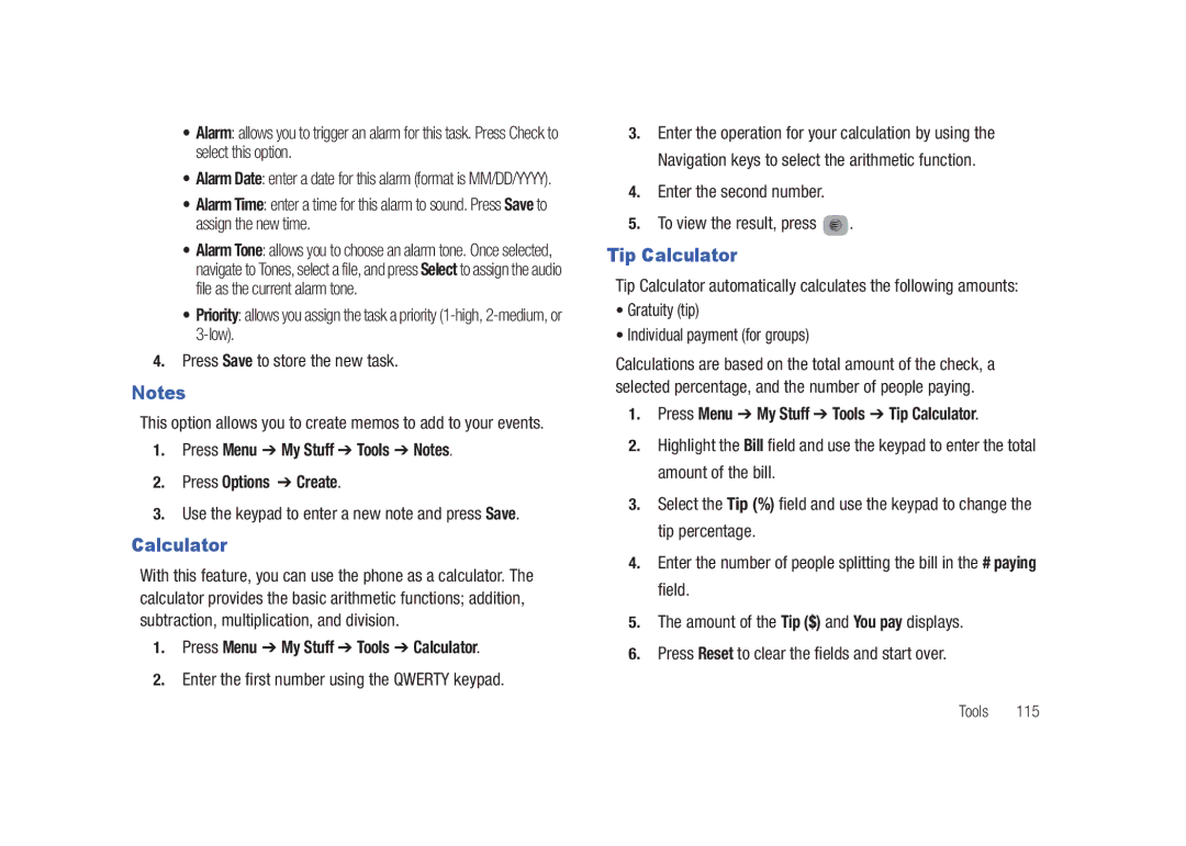Samsung SGH-A687LBAATT user manual Tip Calculator, Press Menu My Stuff Tools Notes Press Options Create 