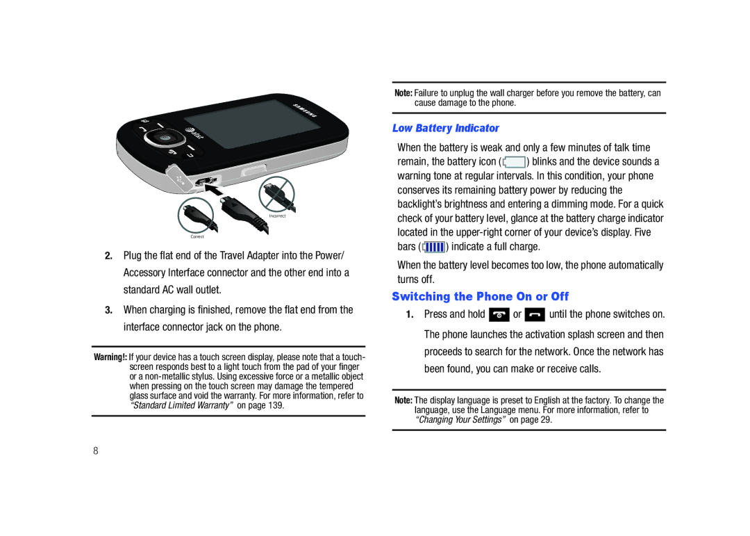 Samsung SGH-A687LBAATT user manual Switching the Phone On or Off, Low Battery Indicator 