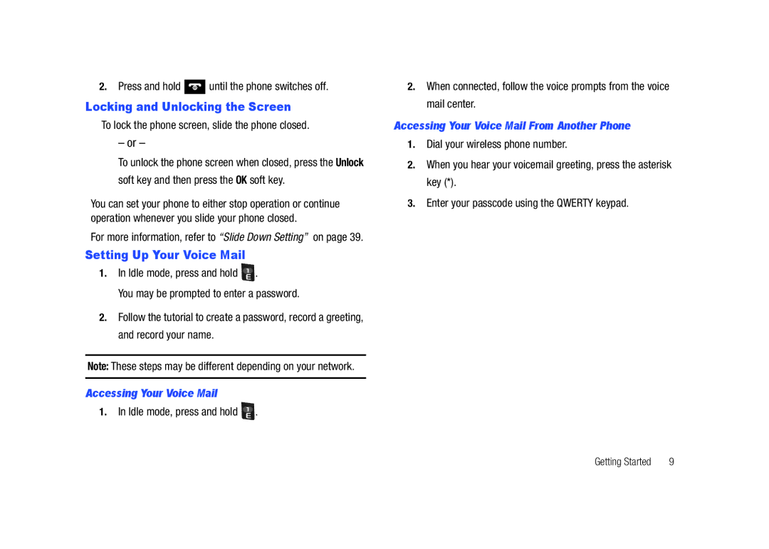 Samsung SGH-A687LBAATT user manual Locking and Unlocking the Screen, Setting Up Your Voice Mail, Accessing Your Voice Mail 