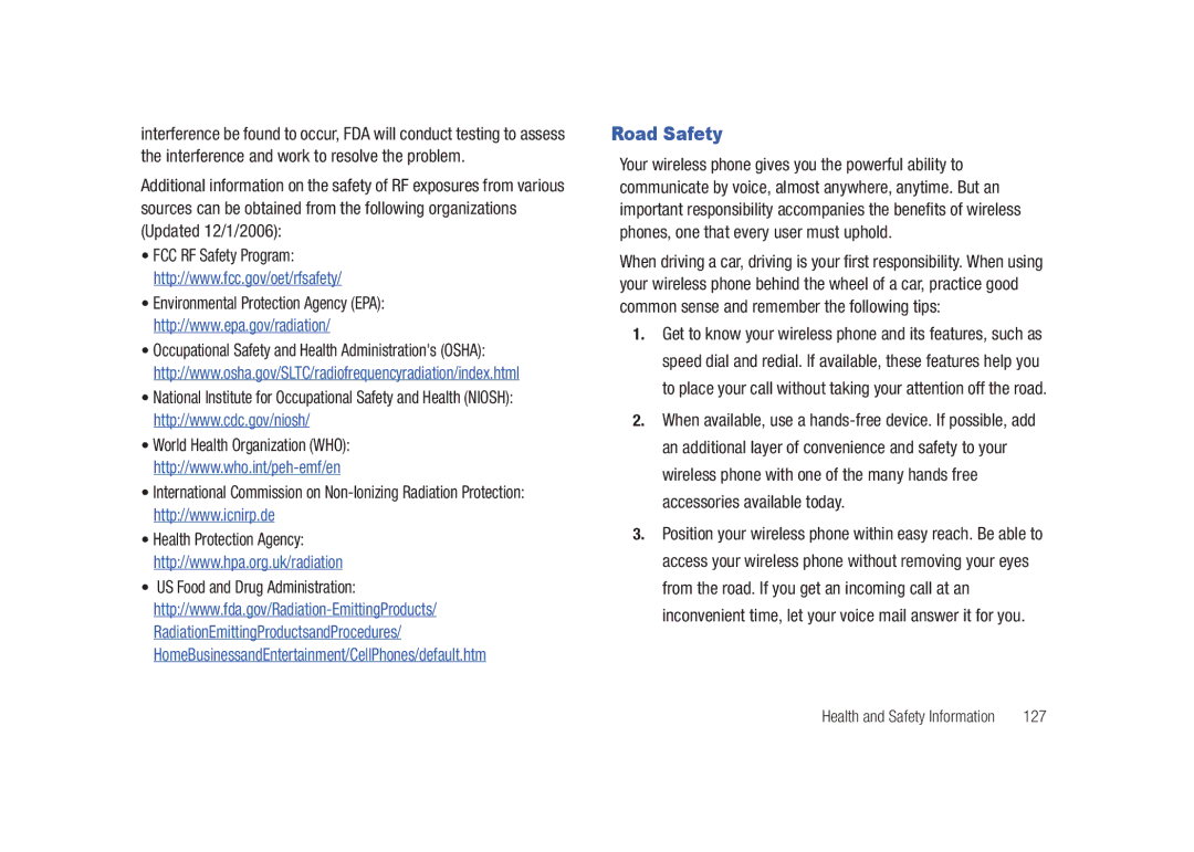 Samsung SGH-A687LBAATT user manual Road Safety, 127 