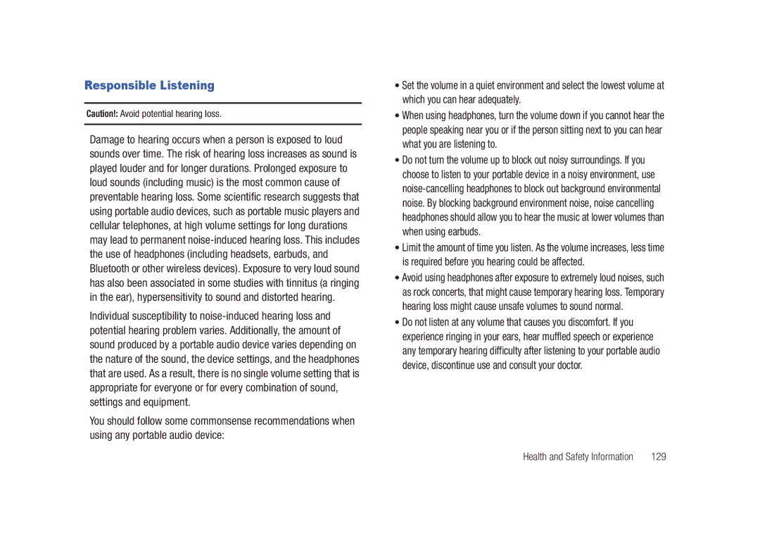 Samsung SGH-A687LBAATT user manual Responsible Listening, 129 