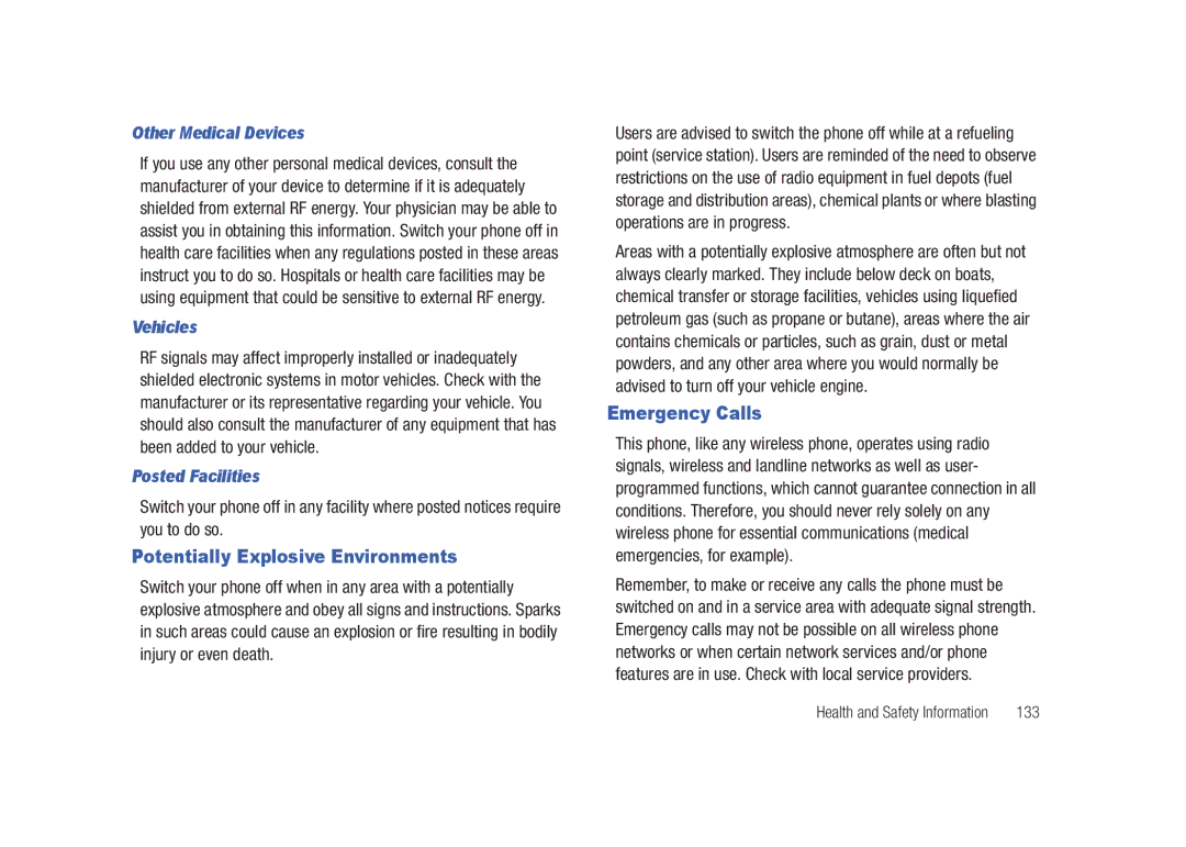 Samsung SGH-A687LBAATT user manual Potentially Explosive Environments, Emergency Calls, Other Medical Devices, Vehicles 