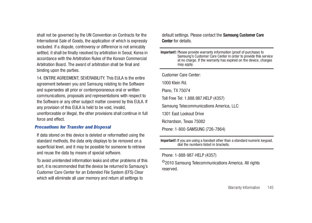 Samsung SGH-A687LBAATT user manual Precautions for Transfer and Disposal, Customer Care Center Klein Rd Plano, TX, 145 