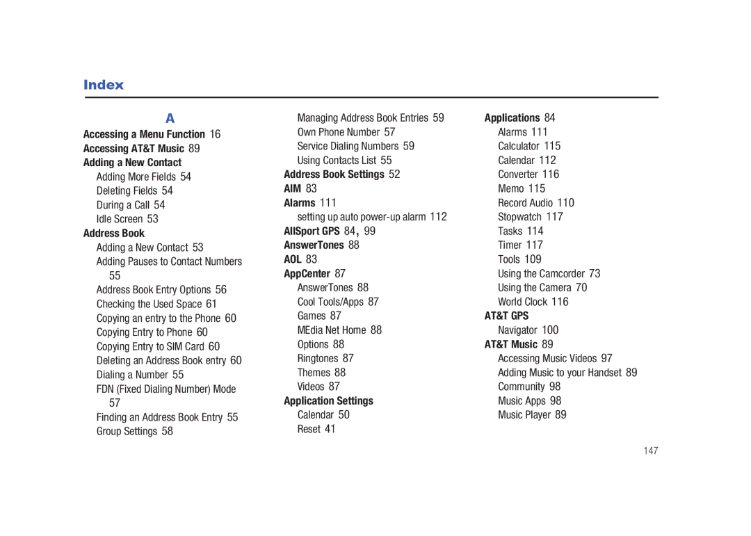 Samsung SGH-A687LBAATT user manual Index 