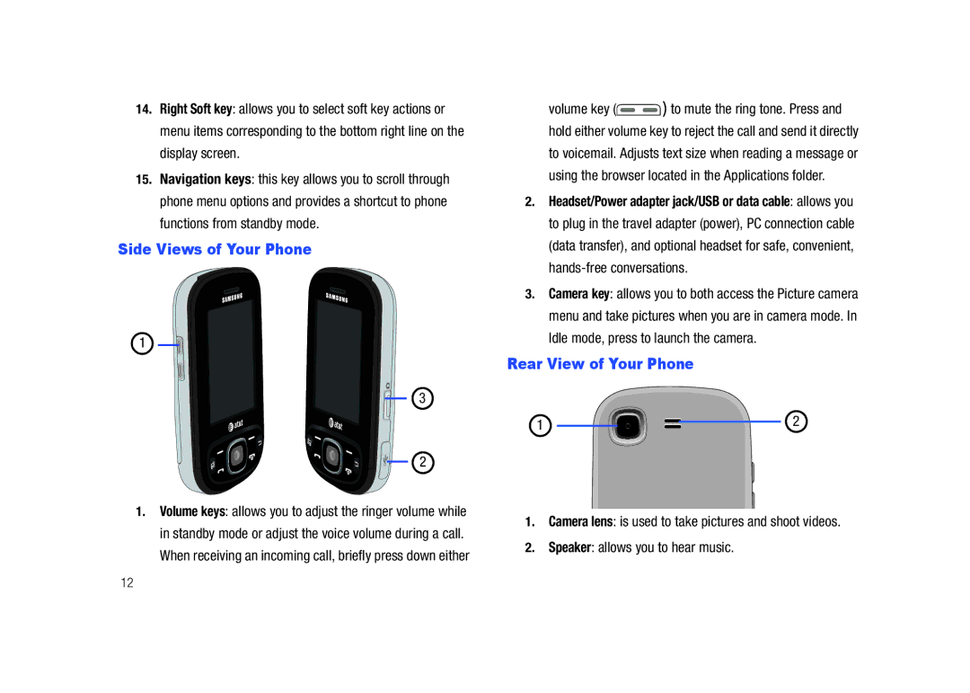 Samsung SGH-A687LBAATT user manual Side Views of Your Phone, Rear View of Your Phone, Speaker allows you to hear music 