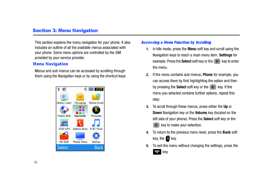 Samsung SGH-A687LBAATT user manual Menu Navigation, Accessing a Menu Function by Scrolling, Step, Key 